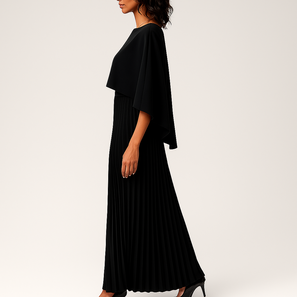 Elegant Lang Kjole til Kvinder | Plisseret Design med Kappe-ærmer | Perfekt til Fest og Aftenbrug