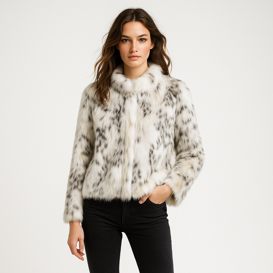 Kvinders Kort Pelsjakke i Imitationspels | Dyreprint | Varm og Eksklusiv til Efterår og Vinter