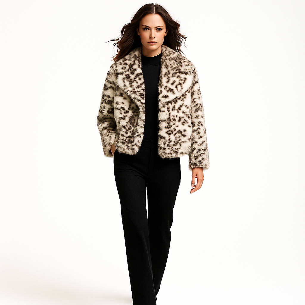 Kvinders Kort Pelsjakke i Imitationspels | Dyreprint | Varm og Eksklusiv til Efterår og Vinter