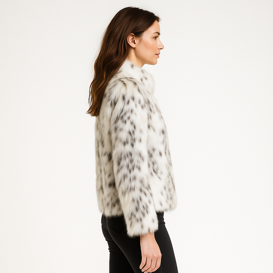 Kvinders Kort Pelsjakke i Imitationspels | Dyreprint | Varm og Eksklusiv til Efterår og Vinter