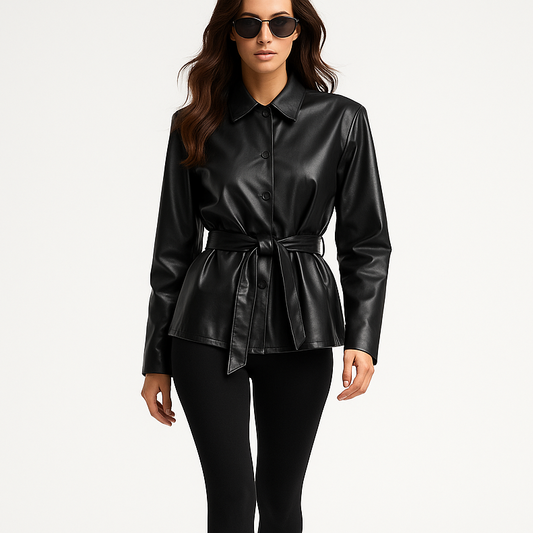 Damejakke i imiteret læder | Bælte i taljen | Kort trenchcoat i moderne stil