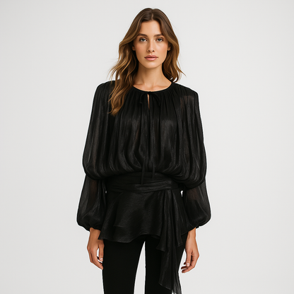 Elegant Chiffon Kjole til Kvinder | Rynket Skørt | Lanterneærmer