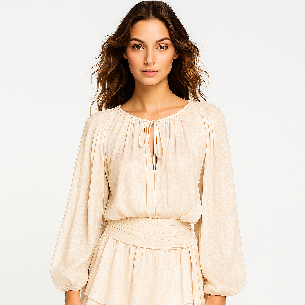 Elegant Chiffon Kjole til Kvinder | Rynket Skørt | Lanterneærmer