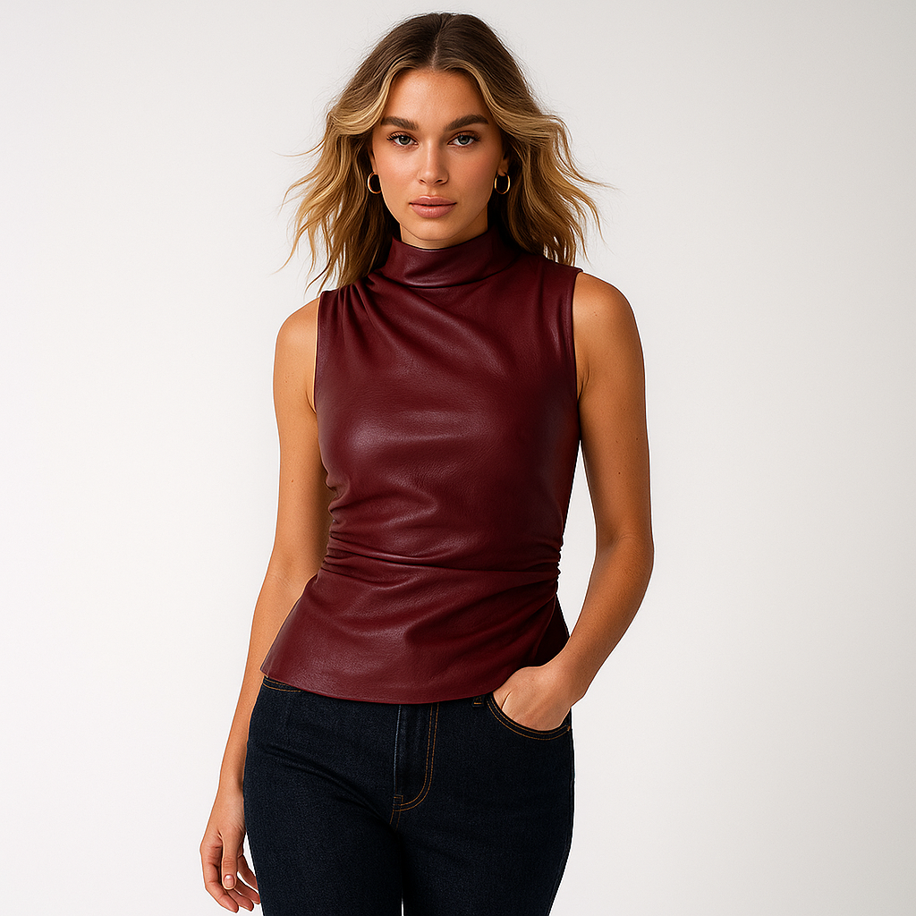 Læder Top til Kvinder | Ærmeløs | Asymmetrisk Rynket Design