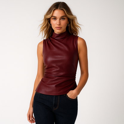 Læder Top til Kvinder | Ærmeløs | Asymmetrisk Rynket Design