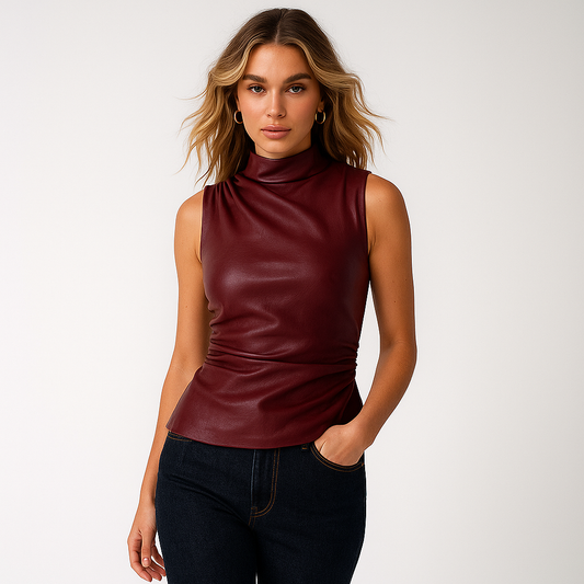 Læder Top til Kvinder | Ærmeløs | Asymmetrisk Rynket Design