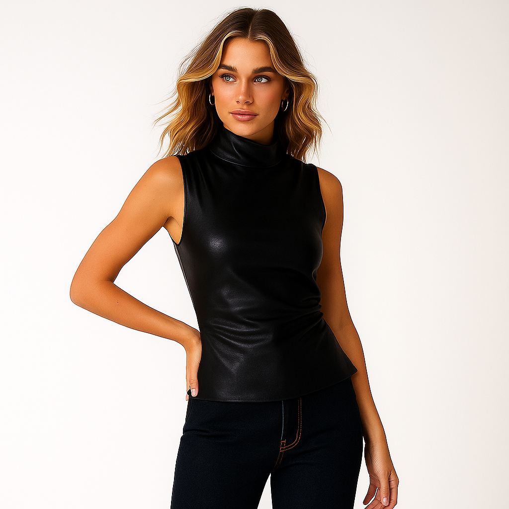 Læder Top til Kvinder | Ærmeløs | Asymmetrisk Rynket Design