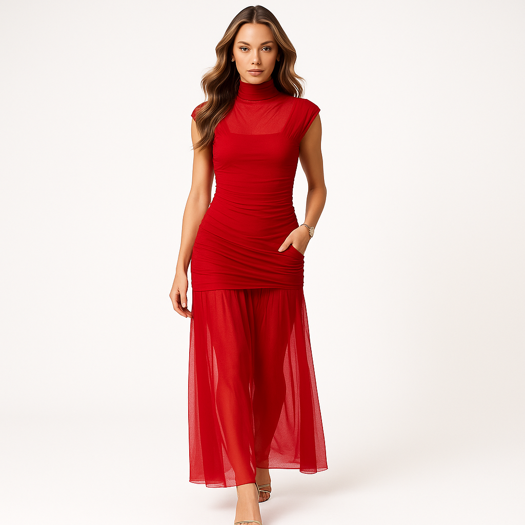 Elegant Rød Aftenkjole | Plisseret Lang Kjole | Ærmeløs Slim Fit A-line Kjole