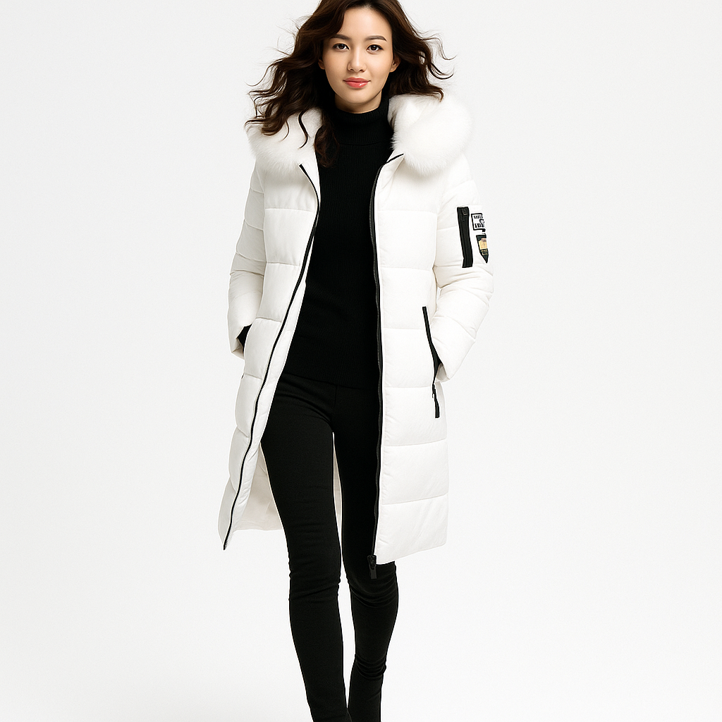 Vinterjakke til kvinder med pelskrave og hætte | Lang, varm og elegant parka