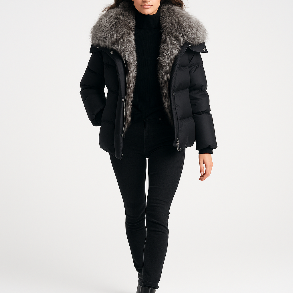 Luksus Dunfrakke med Aftagelige Ærmer | 90% Hvid Gåsedun | Ægte Ræv Krave