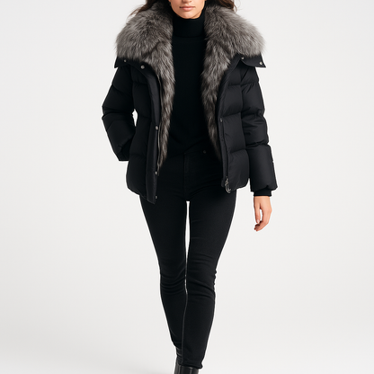 Luksus Dunfrakke med Aftagelige Ærmer | 90% Hvid Gåsedun | Ægte Ræv Krave
