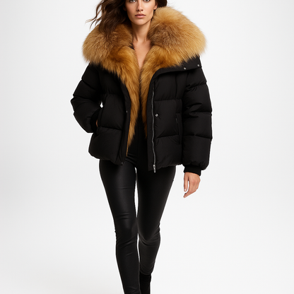 Luksus Dunfrakke med Aftagelige Ærmer | 90% Hvid Gåsedun | Ægte Ræv Krave