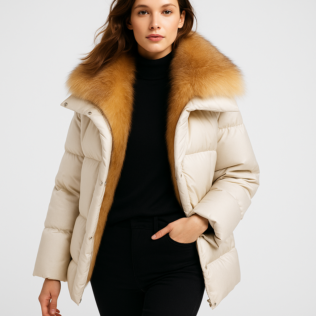 Luksus Dunfrakke med Aftagelige Ærmer | 90% Hvid Gåsedun | Ægte Ræv Krave