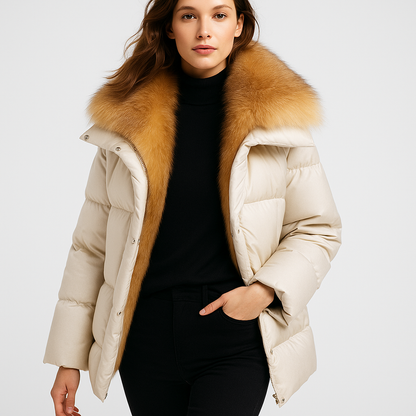 Luksus Dunfrakke med Aftagelige Ærmer | 90% Hvid Gåsedun | Ægte Ræv Krave