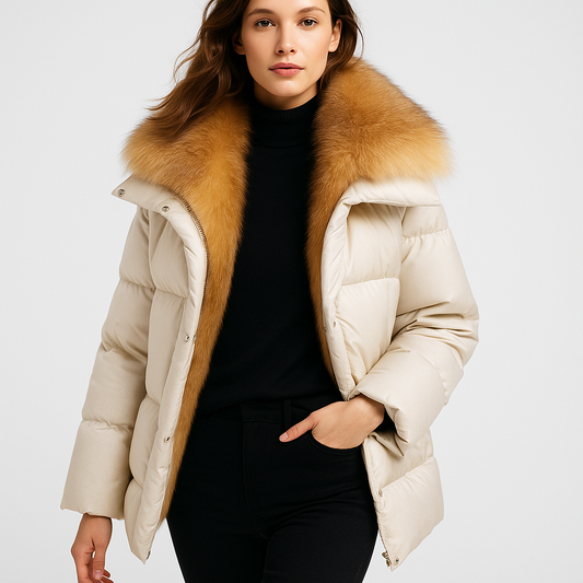Luksus Dunfrakke med Aftagelige Ærmer | 90% Hvid Gåsedun | Ægte Ræv Krave