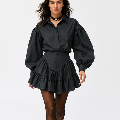 To-delt blusesæt til kvinder | Løstsiddende skjorte med pufærmer | Rynket mini-nederdel