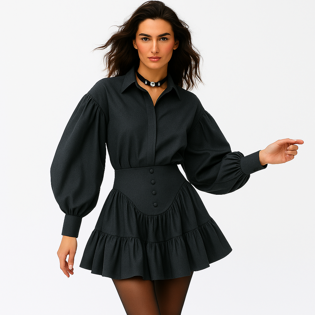 To-delt blusesæt til kvinder | Løstsiddende skjorte med pufærmer | Rynket mini-nederdel