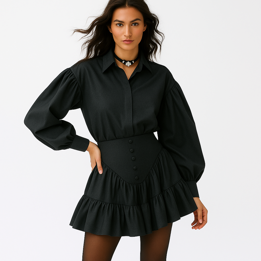 To-delt blusesæt til kvinder | Løstsiddende skjorte med pufærmer | Rynket mini-nederdel