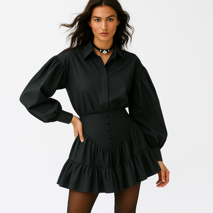 To-delt blusesæt til kvinder | Løstsiddende skjorte med pufærmer | Rynket mini-nederdel