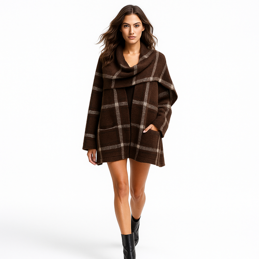 Lang ternet frakke med integreret tørklæde | Elegant vinterfrakke til kvinder