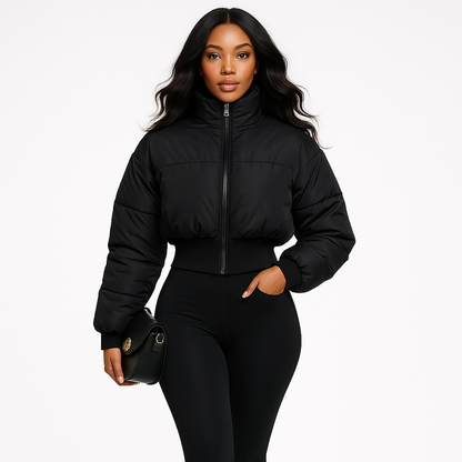 Kort Pufferjakke til Kvinder | Sort Quiltet Bomberjakke med Lynlås