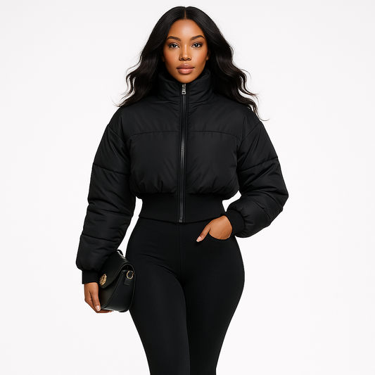 Kort Pufferjakke til Kvinder | Sort Quiltet Bomberjakke med Lynlås