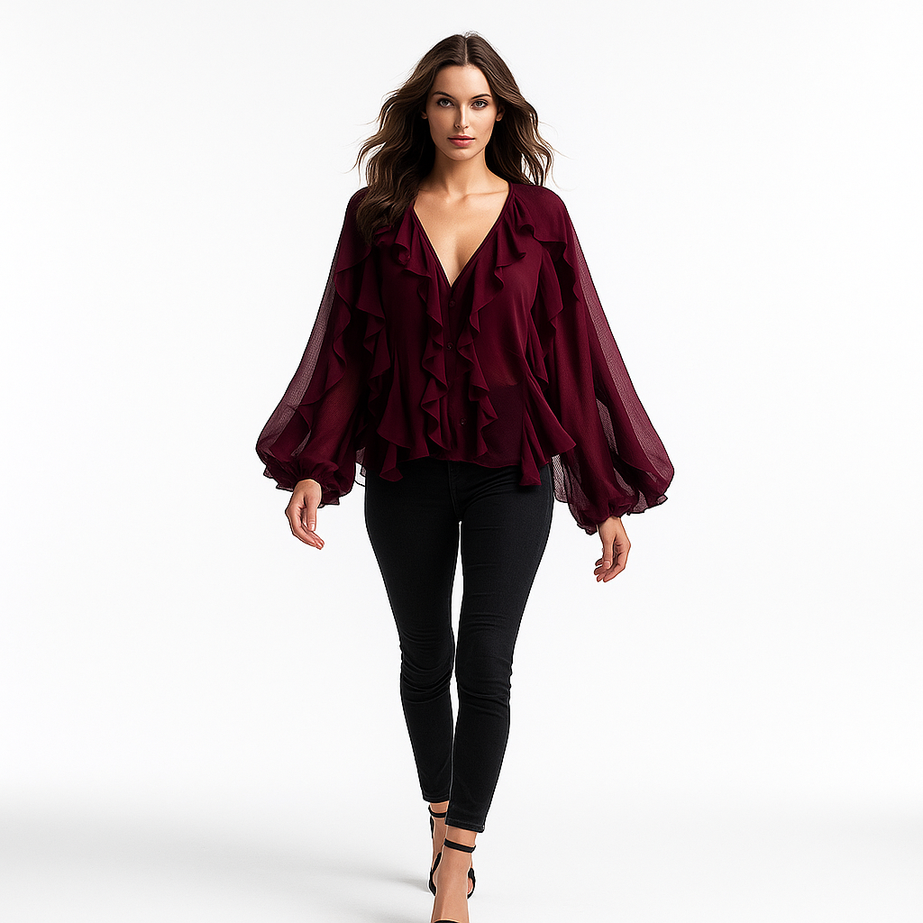 Voluminøs chiffonbluse til kvinder | Elegant bluse med flæser og lange ærmer