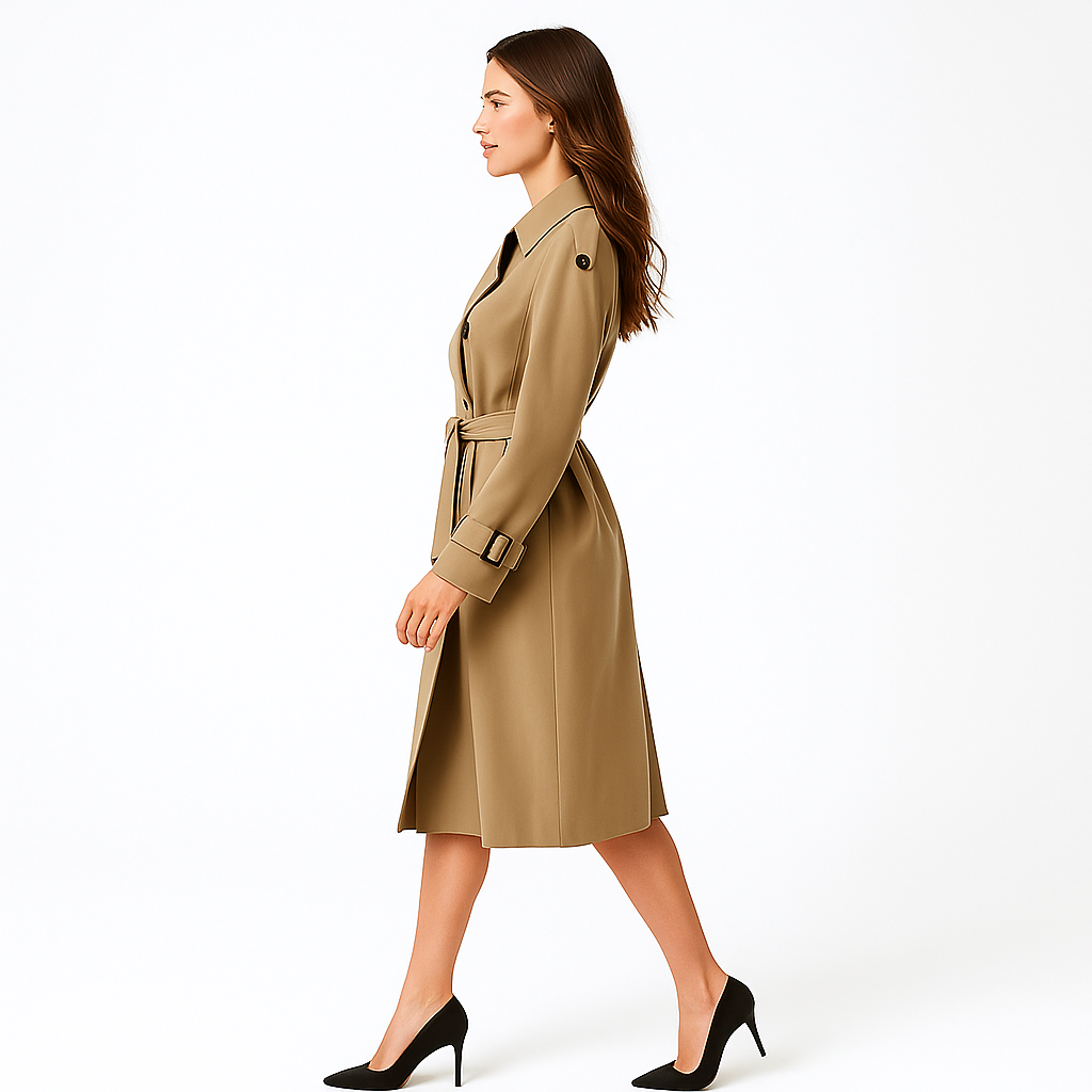 Kvinders lang trenchcoat | Dobbeltknaplukning | Bælte i taljen | Oversized pasform