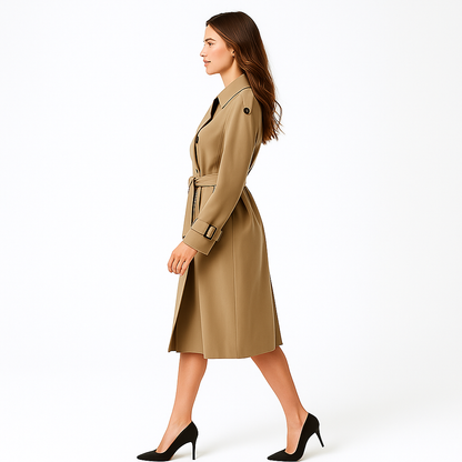 Kvinders lang trenchcoat | Dobbeltknaplukning | Bælte i taljen | Oversized pasform