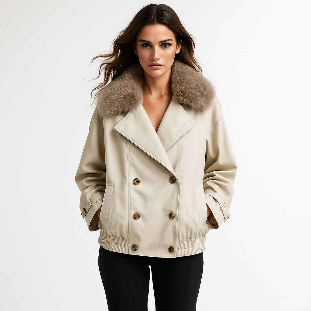 Kvinders kort jakke | Dobbelt knaplukning | Løst snit & imiteret pelskrave