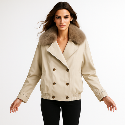 Kvinders kort jakke | Dobbelt knaplukning | Løst snit & imiteret pelskrave