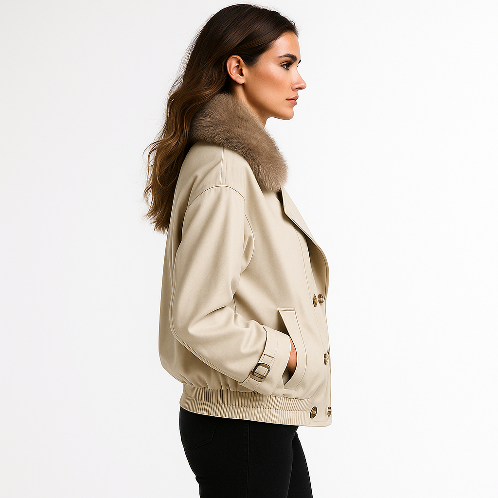 Kvinders kort jakke | Dobbelt knaplukning | Løst snit & imiteret pelskrave