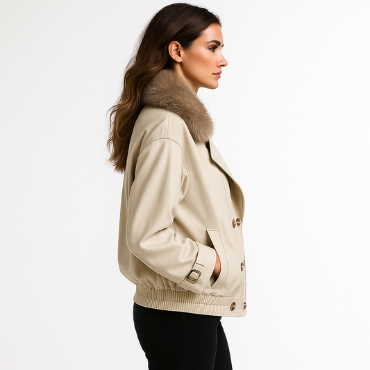 Kvinders kort jakke | Dobbelt knaplukning | Løst snit & imiteret pelskrave