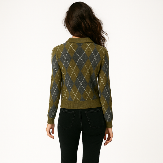 Kvinders striktrøje | Argyle-mønster | Polo-krave & blød kvalitet