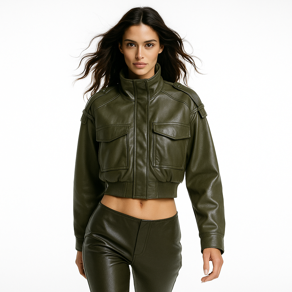 Kort jakke i glansfuldt look med ståkrave