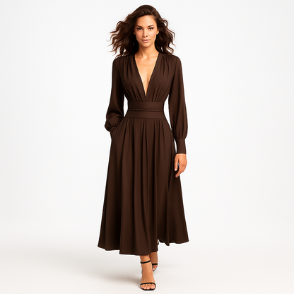 Elegant maxikjole til kvinder | Dyb V-udskæring | Markeret talje og slank silhuet