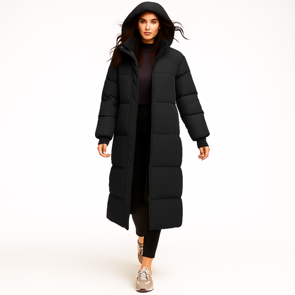 Lang foret vinterfrakke med hætte | Tyk dunjakke til kvinder | Løs pasform og varm isolering
