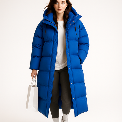 Lang foret vinterfrakke med hætte | Tyk dunjakke til kvinder | Løs pasform og varm isolering