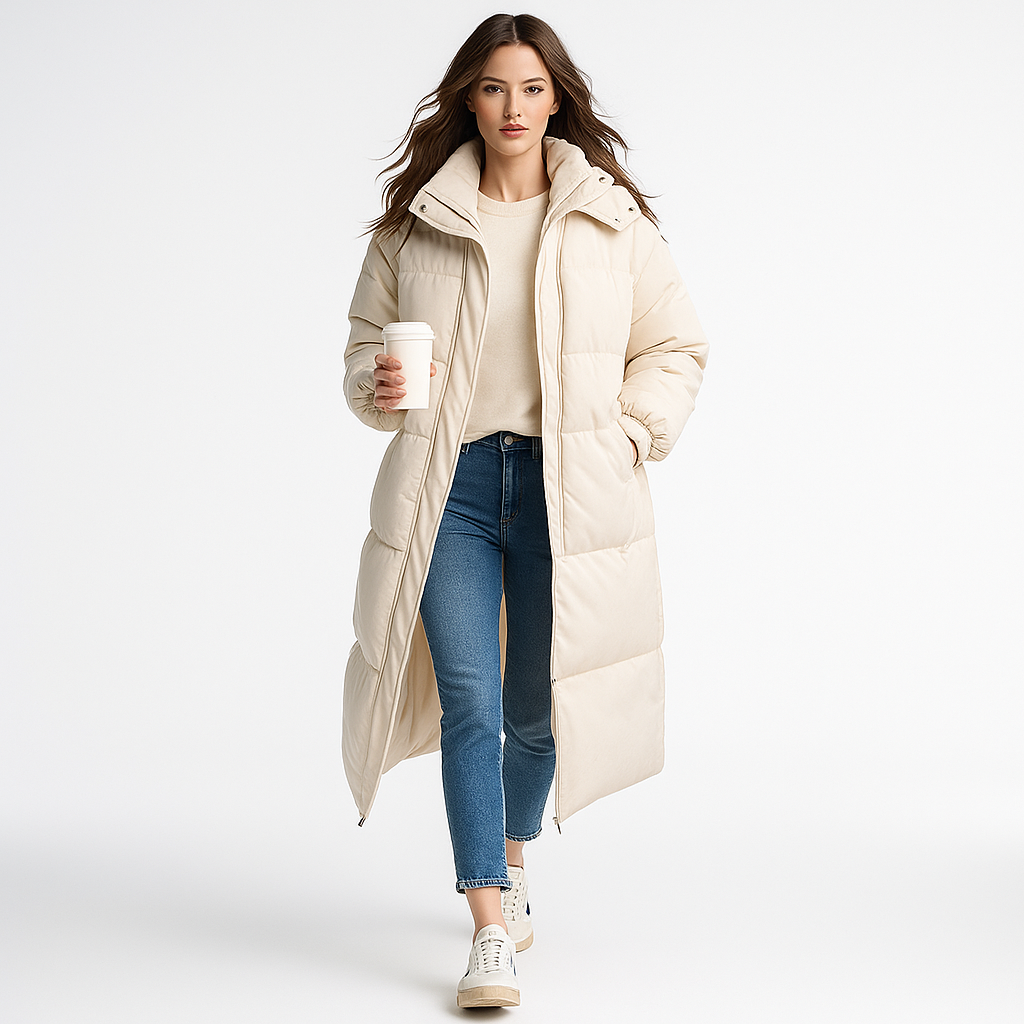 Lang foret vinterfrakke med hætte | Tyk dunjakke til kvinder | Løs pasform og varm isolering