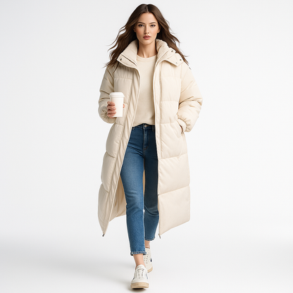 Lang foret vinterfrakke med hætte | Tyk dunjakke til kvinder | Løs pasform og varm isolering