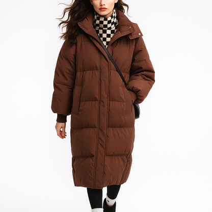 Lang foret vinterfrakke med hætte | Tyk dunjakke til kvinder | Løs pasform og varm isolering