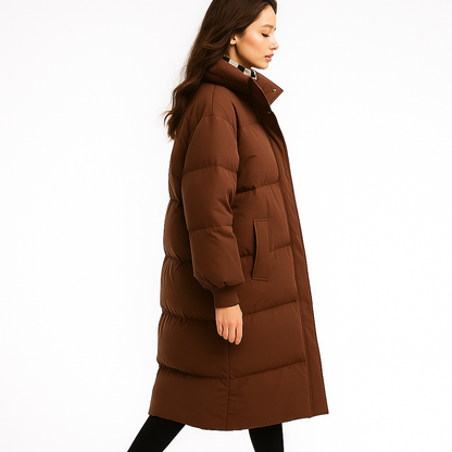Lang foret vinterfrakke med hætte | Tyk dunjakke til kvinder | Løs pasform og varm isolering