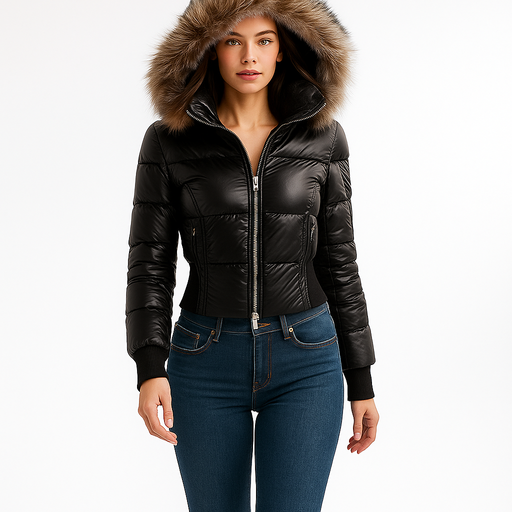 Dame dunjakke med pelskrave | Kort 2-i-1 jakke med aftagelige ærmer