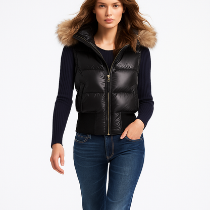 Dame dunjakke med pelskrave | Kort 2-i-1 jakke med aftagelige ærmer