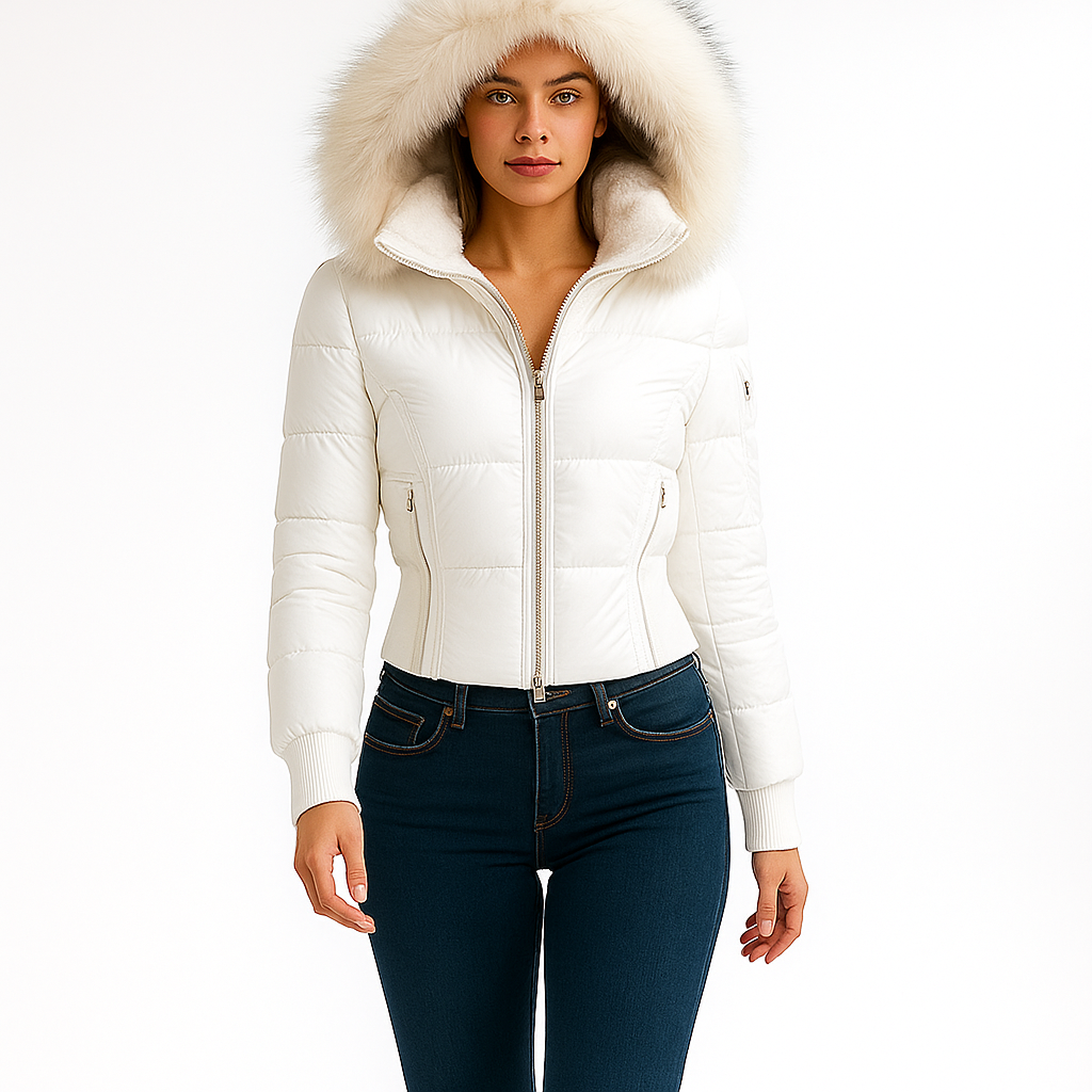 Dame dunjakke med pelskrave | Kort 2-i-1 jakke med aftagelige ærmer