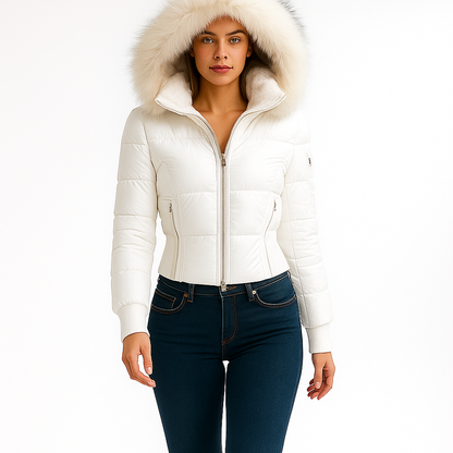 Dame dunjakke med pelskrave | Kort 2-i-1 jakke med aftagelige ærmer