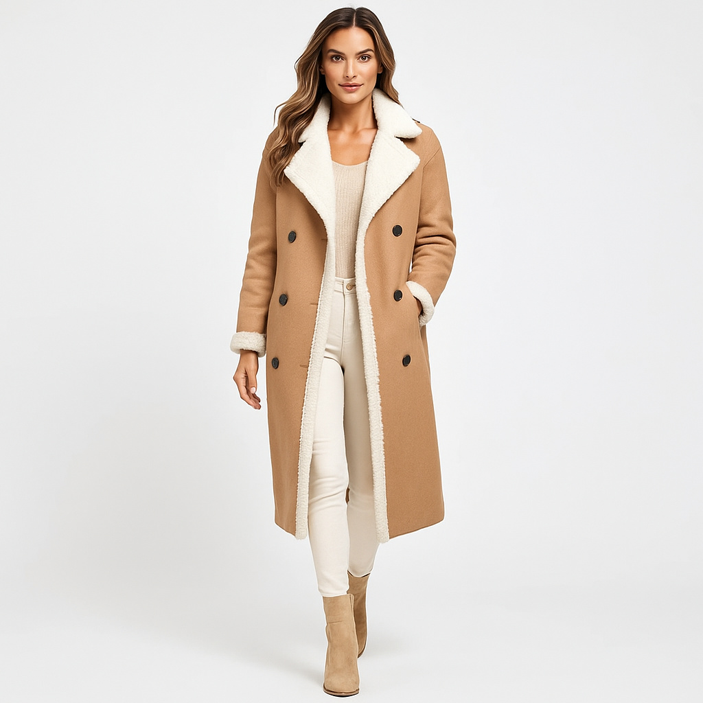 Lang Damejakke med Fleecefor & Teddykrave | Klassisk Design | Varm & Elegant Komfort