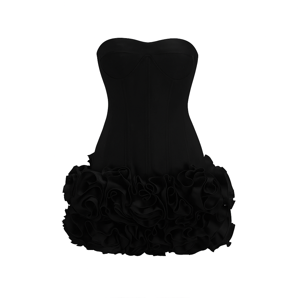 Stropløs minikjole til kvinder | Struktureret corset-overdel | Skulpturel rosenkant