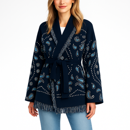 Elegant Printed Kimono-Cardigan Med Frynser Og Bindebånd