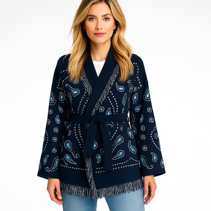 Elegant Printed Kimono-Cardigan Med Frynser Og Bindebånd